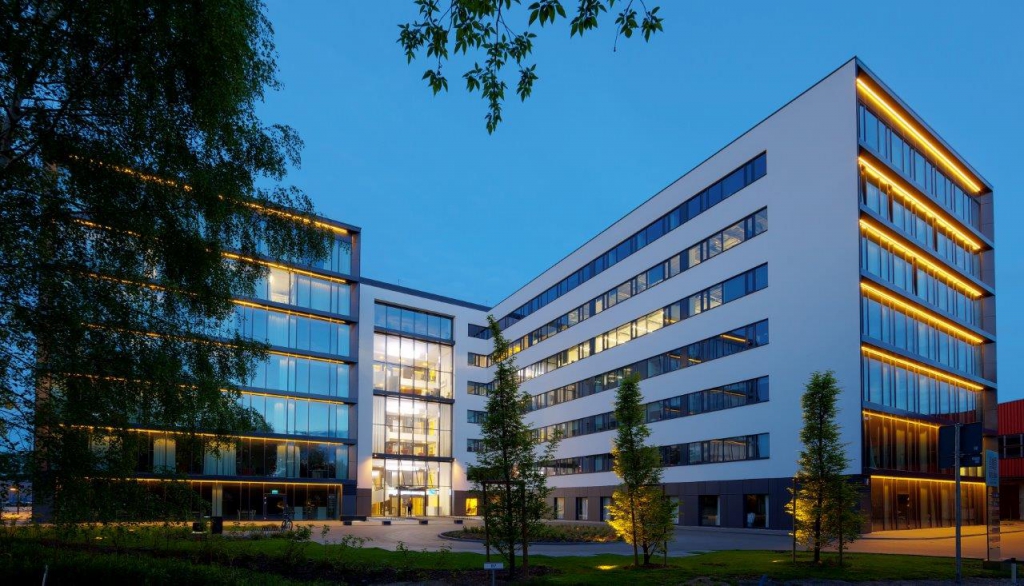 View of the illuminated office building