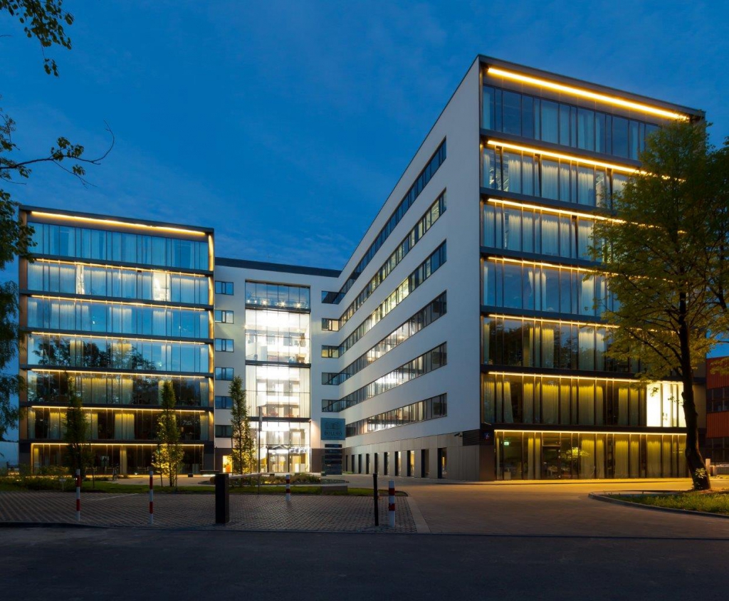 View of the illuminated office building