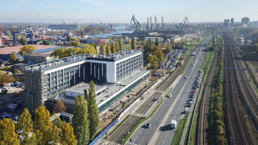 View of an office building with a bird's-eye view