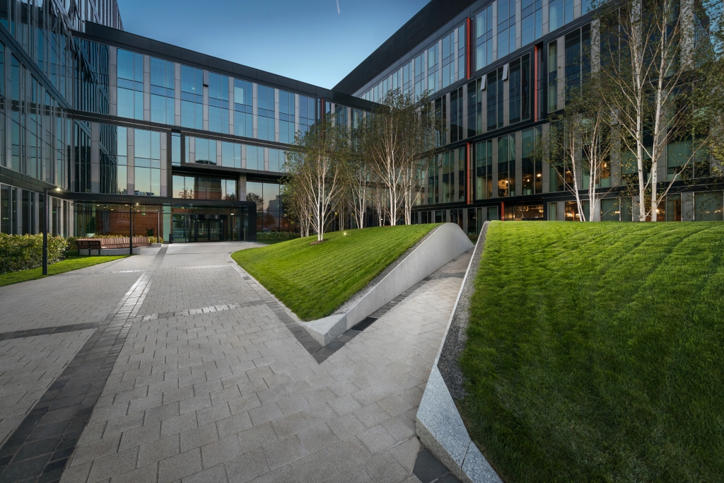 Green space between segments of the building