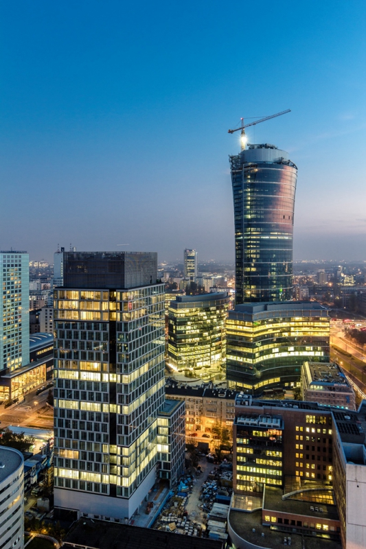 View of the office-retail complex by night.