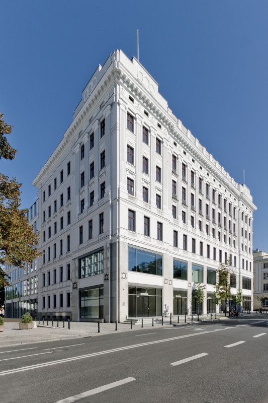 The facade of the office building