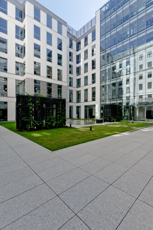 The patio inside the office building