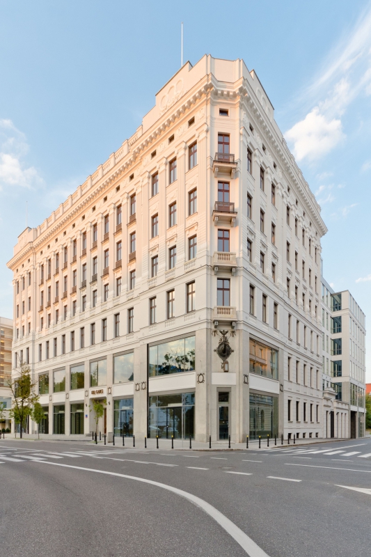 The facade of the office building