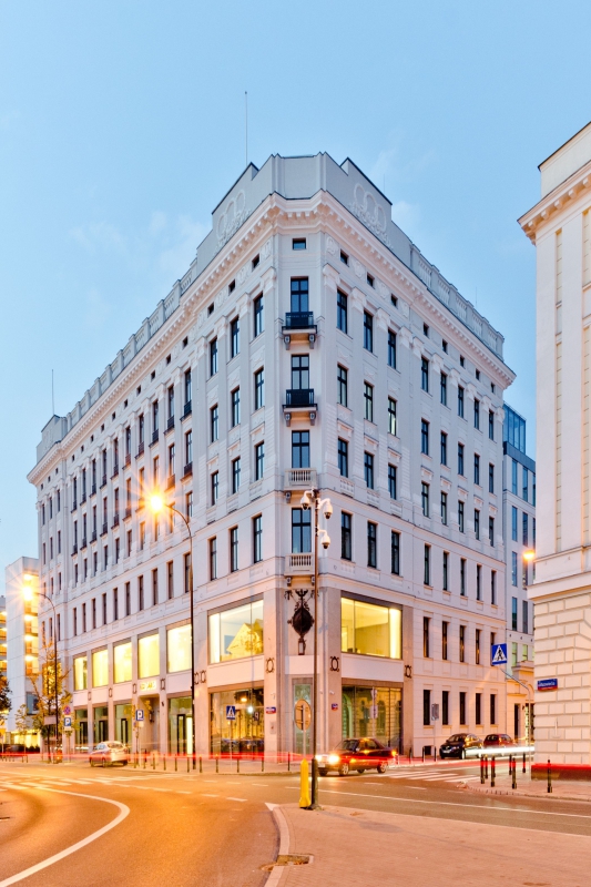 The facade of the office building