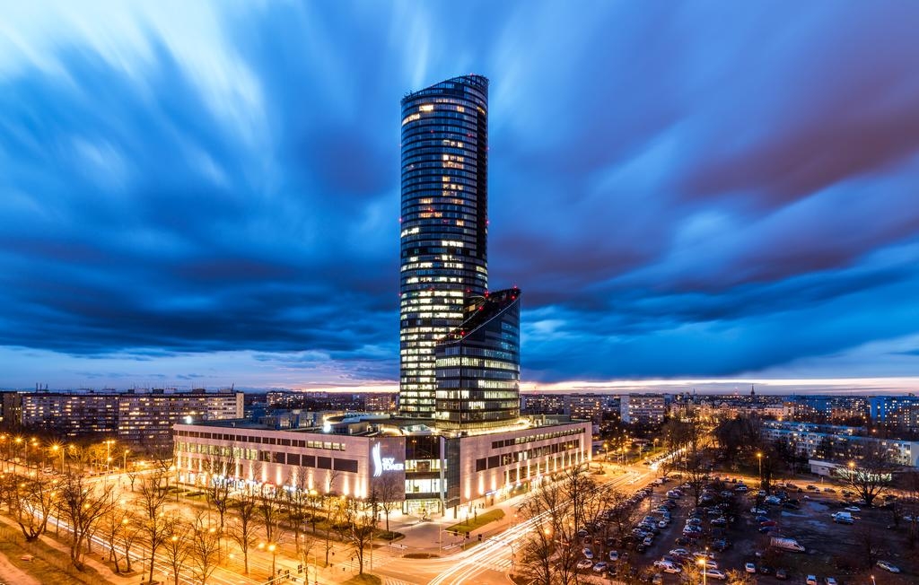 Main view of the office building at night