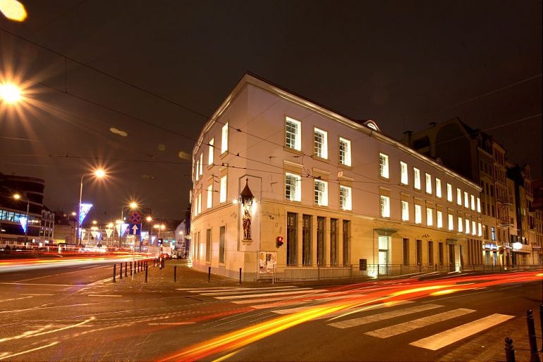 Main view of the office building at night