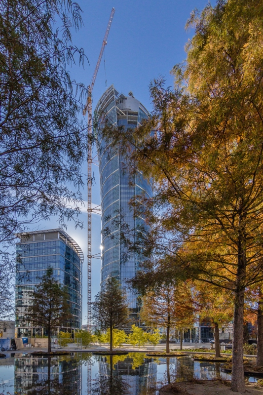 View of the office building with a park