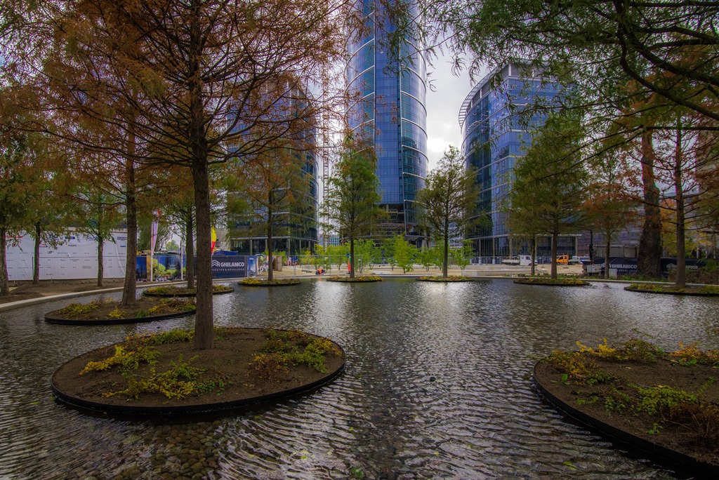 View of the office building with a park